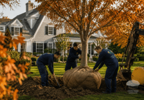 Landscaping crew installing a burlap-wrapped tree during Hamptons fall transplanting on a shingle-style estate property