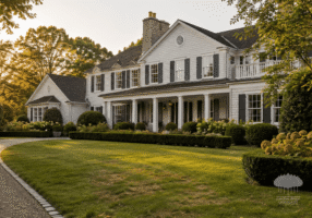 Luxury Hamptons estate with a formal front lawn, clipped boxwood hedges, and mature foundation plantings. Subtle discoloration in the turf shows how a missed season is easy to see in professional Hamptons seasonal landscaping.