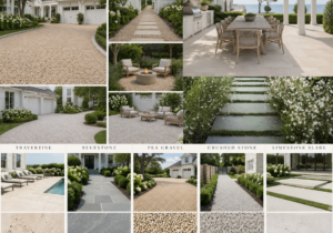 Hamptons Landscape and hardscapes. Stone & Pavers: Natural stone, bluestone, and pavers (e.g., Euro Classic) are used for patios, walkways, and, for a polished,,.Gravel: 3/8" pea gravel is preferred for driveways and pathways.Wood: Cedar and high-quality timber for pergolas and fencing.Walls: Retaining wall blocks and natural boulders are used for structural support and to create elevation.