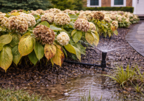 Overwatered Hamptons landscape garden with active irrigation sprinkler, saturated soil, standing water, and yellowing leaves across mixed plantings showing early signs of root stress, nutrient loss, and poor drainage in Southampton, East Hampton, Sagaponack, Bridgehampton, Water Mill, Wainscott, Amagansett, Sag Harbor, Westhampton, Quogue, Remsenburg, Hampton Bays, Montauk, Westhampton Beach, and North Haven, NY