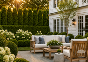 Private Hamptons patio framed by layered evergreen hedge and hydrangeas at golden hour